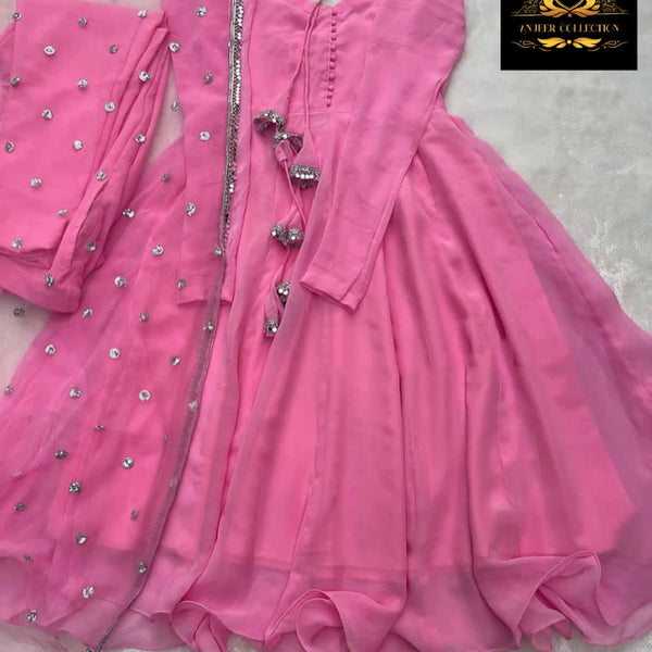 3pc V Neck Long Sleeves Maxi With Handwork And Lace Attached On Dupatta 3Pcs